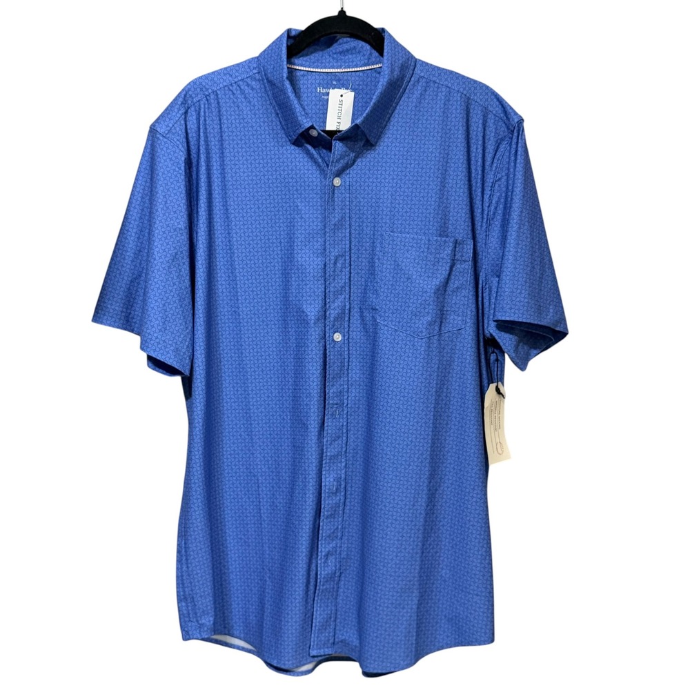 Hawker Rye Mens XL Blue Geometric Print Short Sleeve Button Down Stretch Shirt